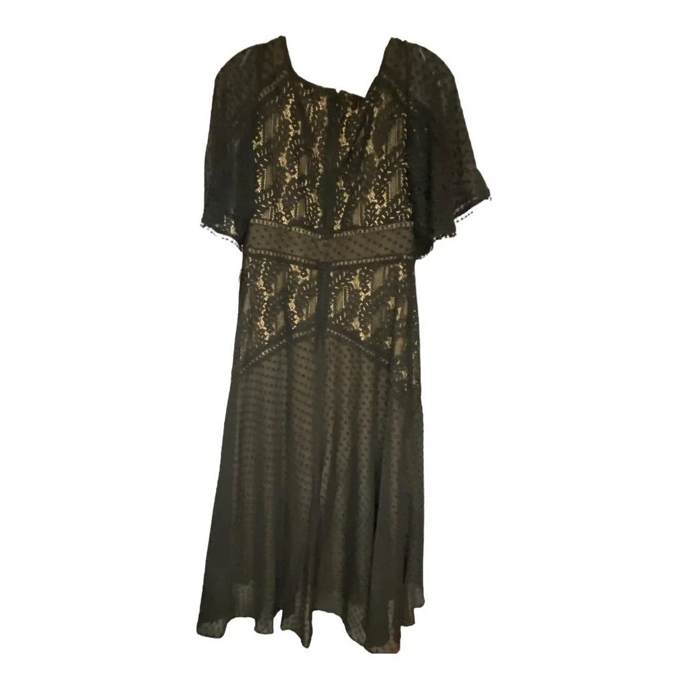 NWT Taylor Dress 4 SMALL Black V-Neck Swiss Dot Lace Short Sleeve High Waist - Picture 2 of 5
